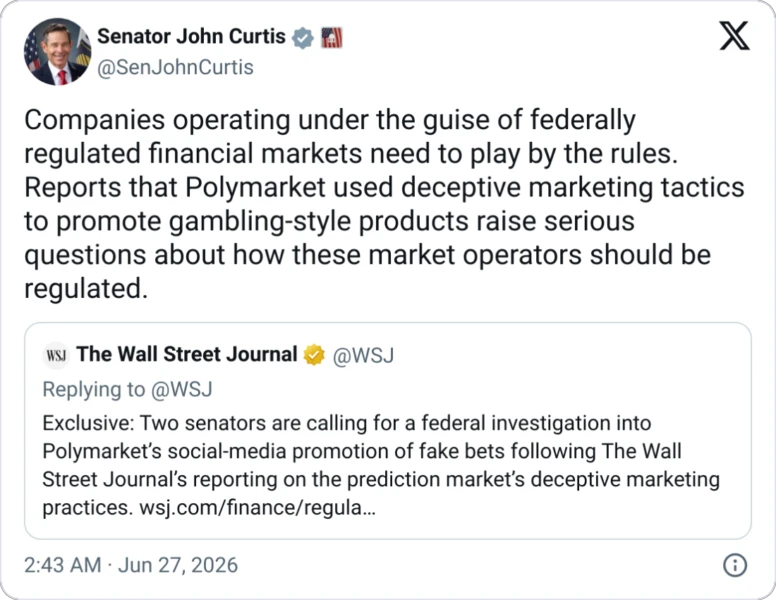 US Senators Demand CFTC Investigate Polymarket Over Alleged Deceptive Influencer Marketing